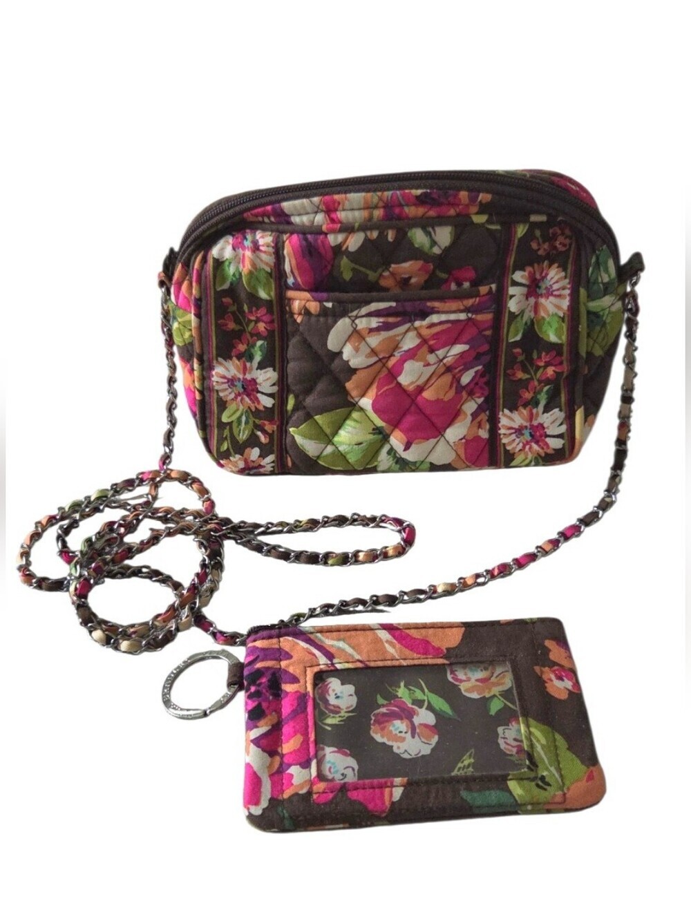 Vera Bradley Floral Quilted Crossbody Bag Chain Link Strap Matching Wallet Set